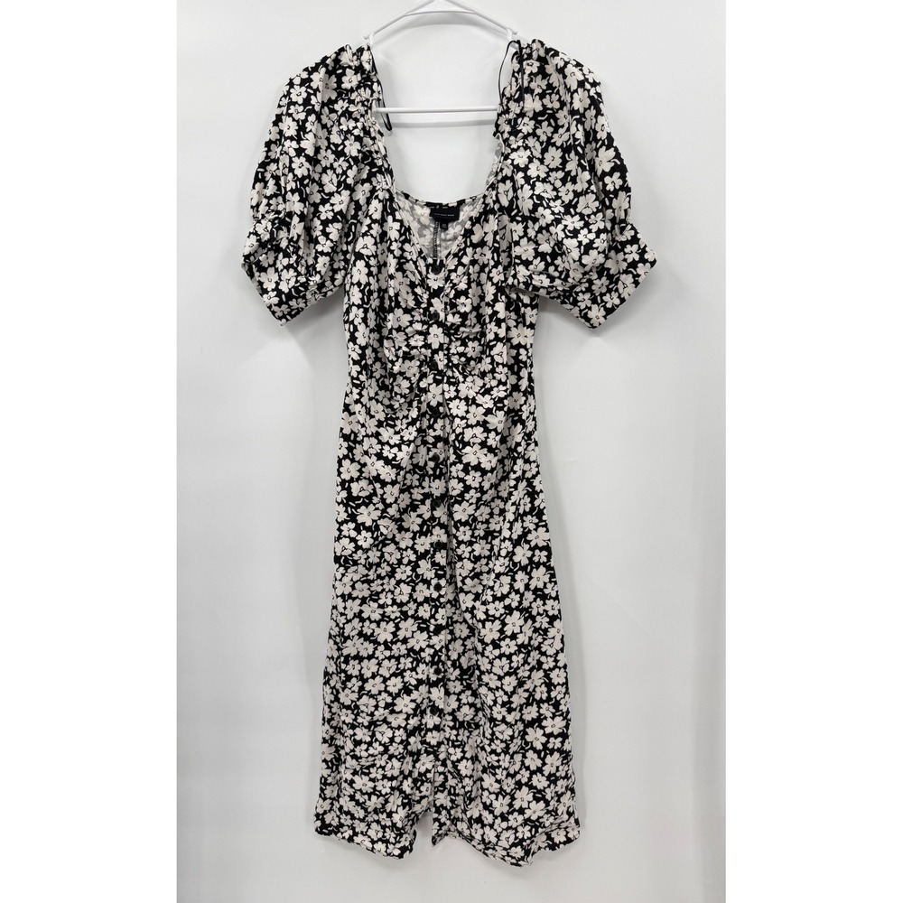 Who What Wear Medium Midi Dress Womens Black White Floral Puff Sleeve Linen